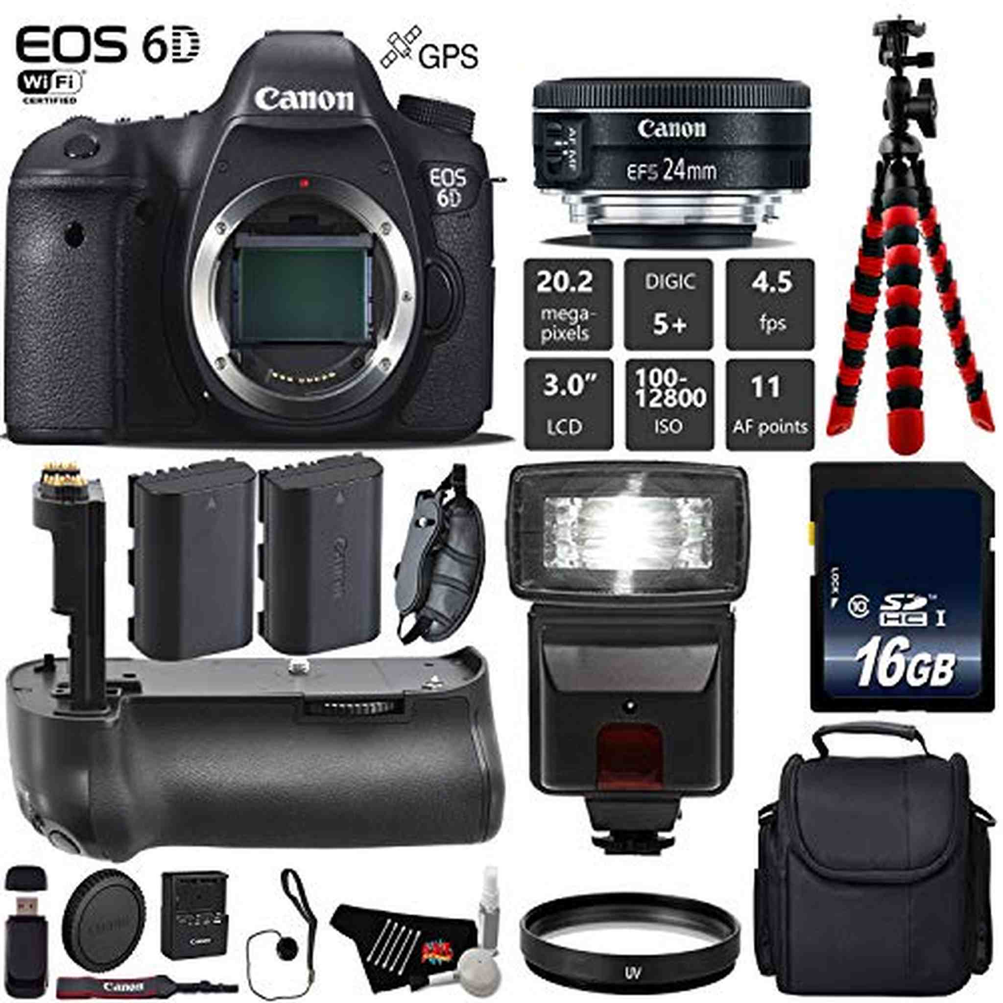Canon EOS 6D DSLR Camera with 24mm f/2.8 STM Lens + Professional Battery Grip + UV Protection Filter + Flash + Extra Bat Canon
