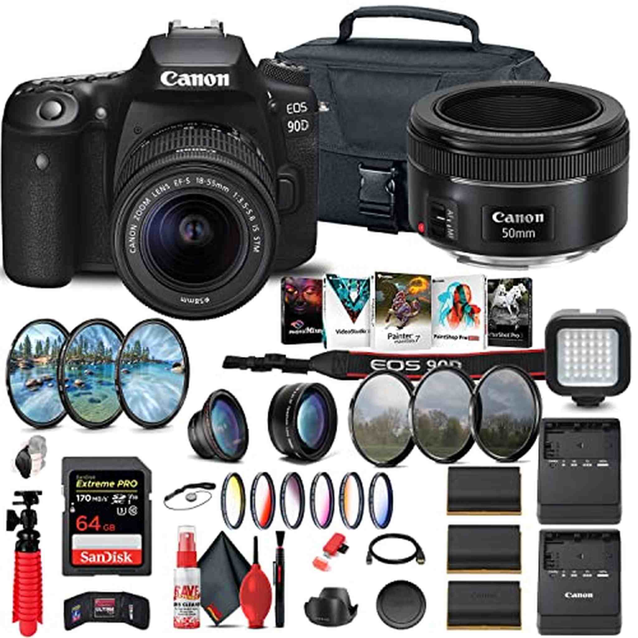 Canon EOS 90D DSLR Camera with 18-55mm Lens + Canon EF 50mm Lens + 64GB + More - Reconditioned Canon