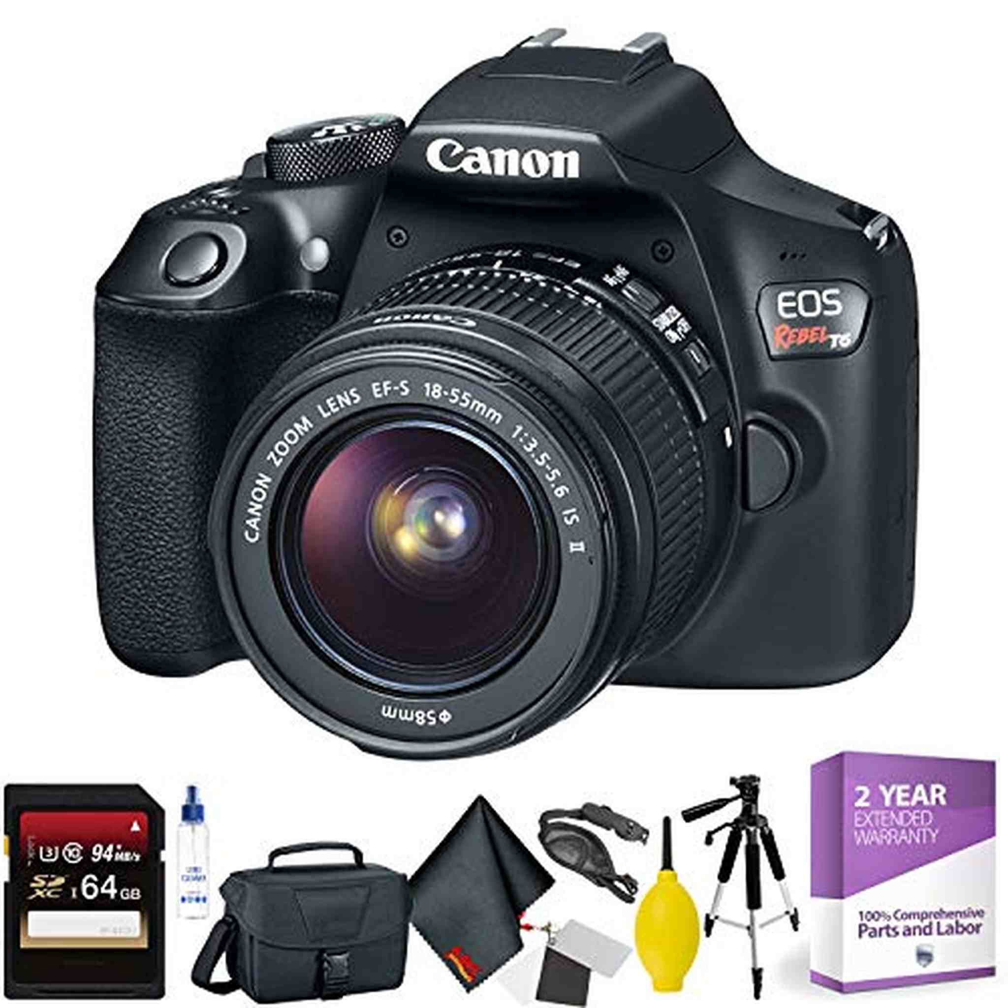 Canon EOS Rebel T6 DSLR Camera with 18-55mm Lens + 64GB Memory Card + Mega Accessory Kit + Essential Accessories Bundle - Used Canon