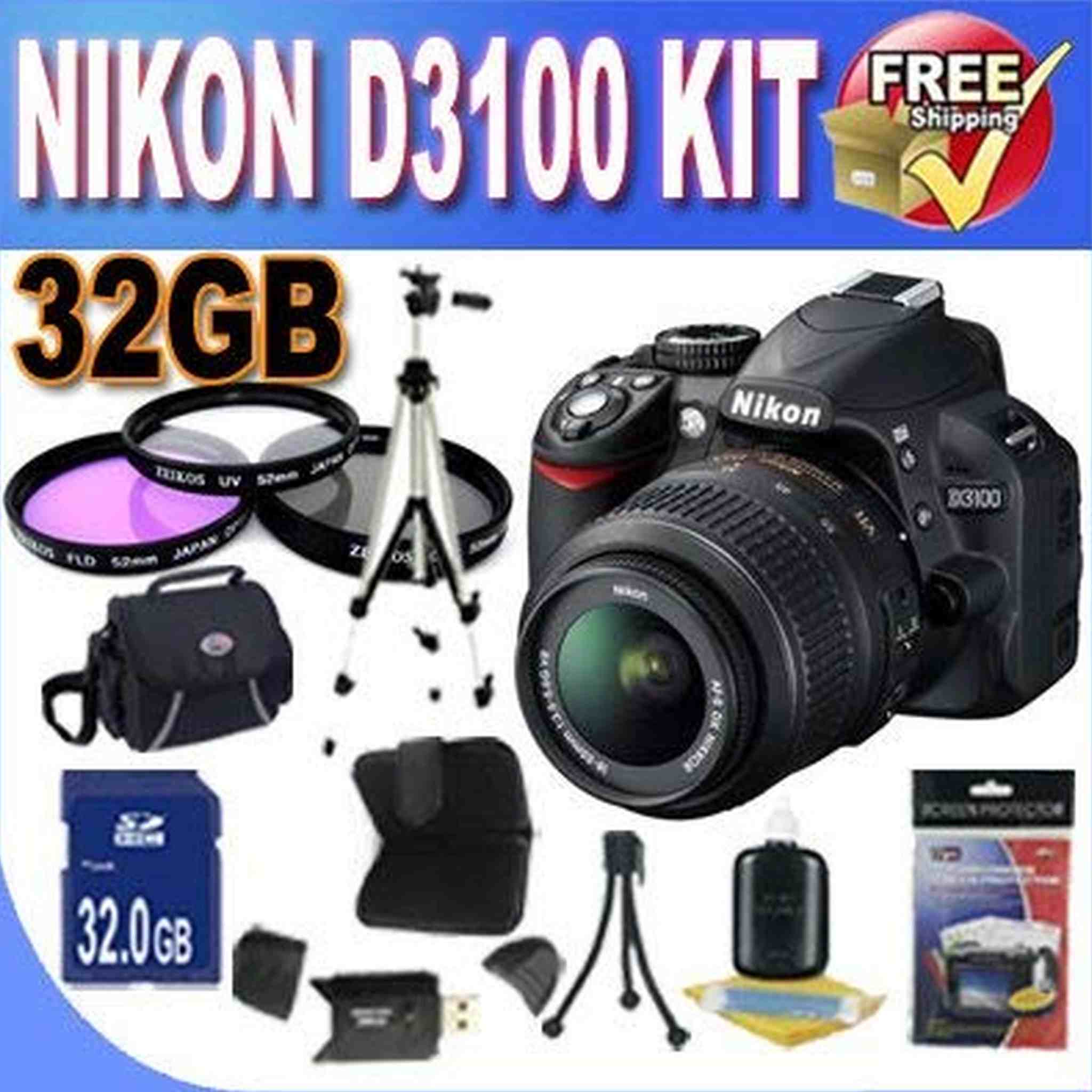 Nikon D3100 14.2MP Digital SLR Camera with 18-55mm f/3.5-5.6 AF-S DX VR Nikkor Zoom Lens 32GB Kit Nikon