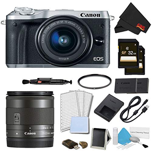 Canon EOS M6 Mirrorless Digital Camera with 15-45mm Lens Silver Pro Bundle w/Bonus EF-M 11-22MM Lens - International M