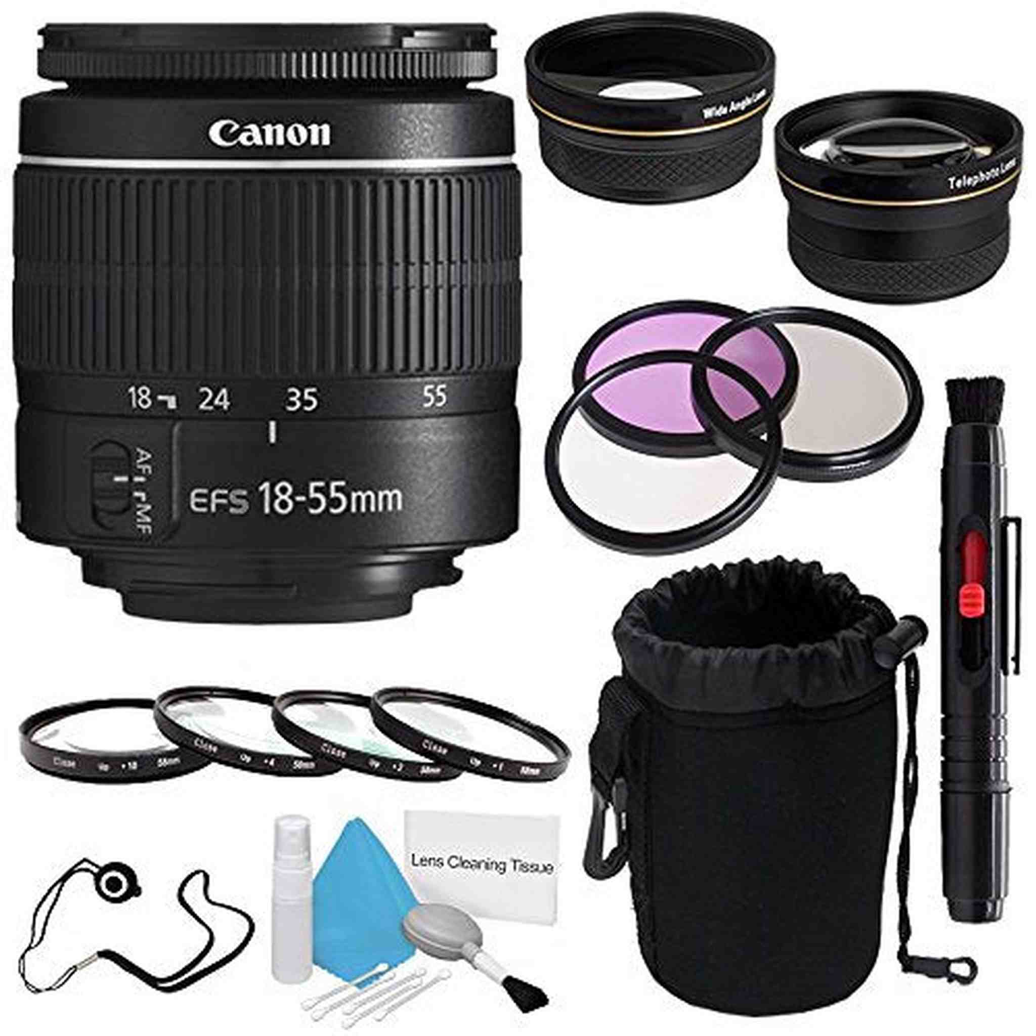 Canon EF-S 18-55mm f/3.5-5.6 III Lens International Model + 58mm Wide Angle Lenses + 58mm Macro Close Up Kit + 58mm 3 - Used Canon