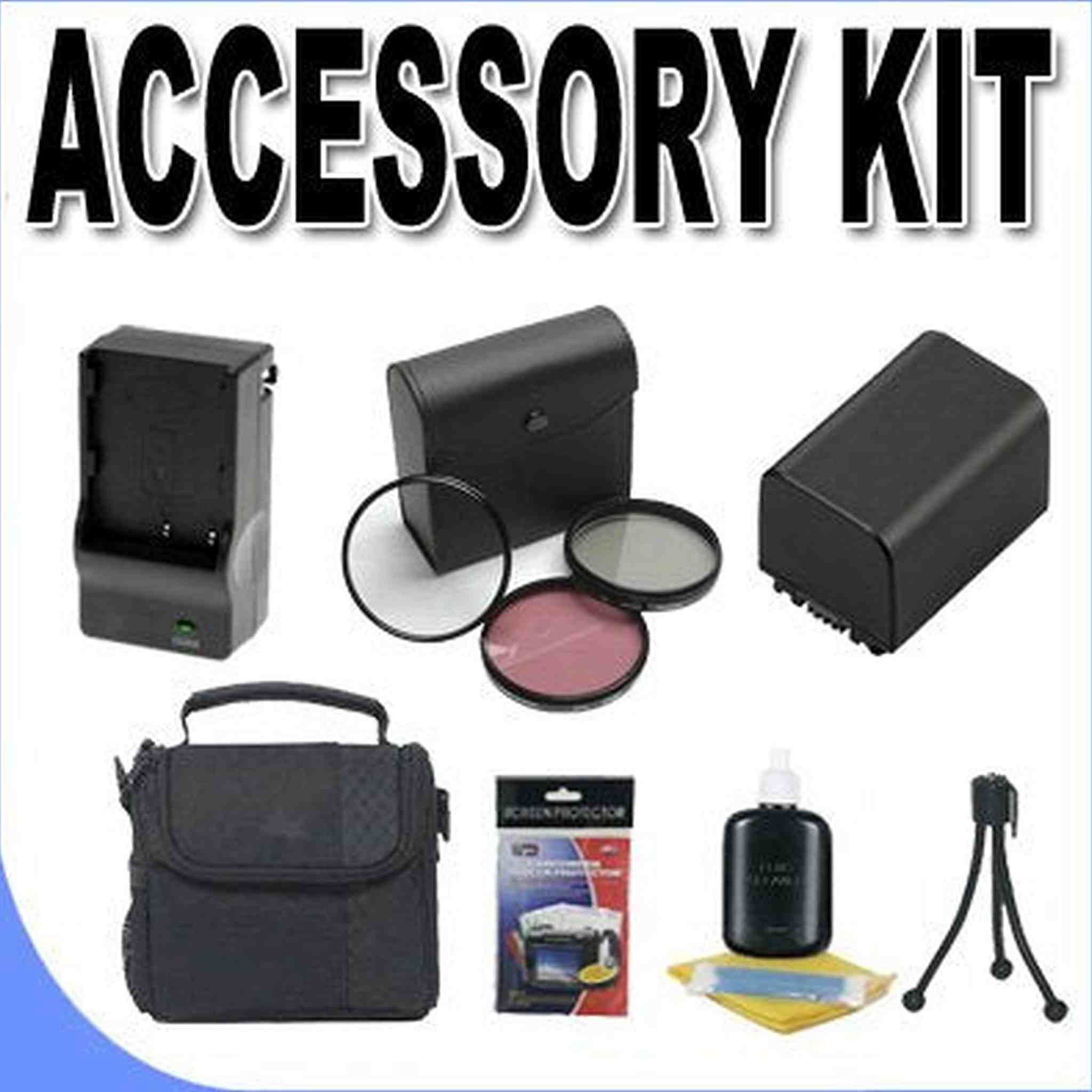 FH100 Lithium Ion Replacement Battery/Charger Case BigVALUEInc Accessory Saver 30mm Filter Kit Bundle f/Sony Camcorders
