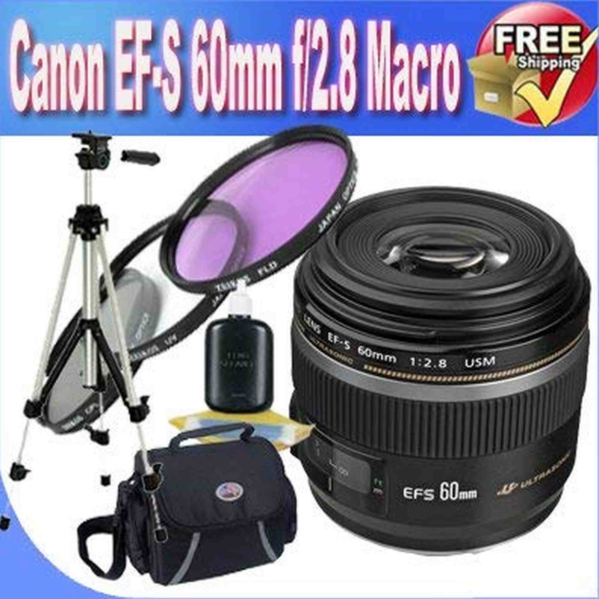 Canon EF-S 60mm f/2.8 Macro USM Digital SLR Lens + 52mm 3 Piece Professional Filter Kit + Lens & Camera Cleaning Kit + Professional Full Size Tripod + Shock Proof Deluxe SLR Case!!