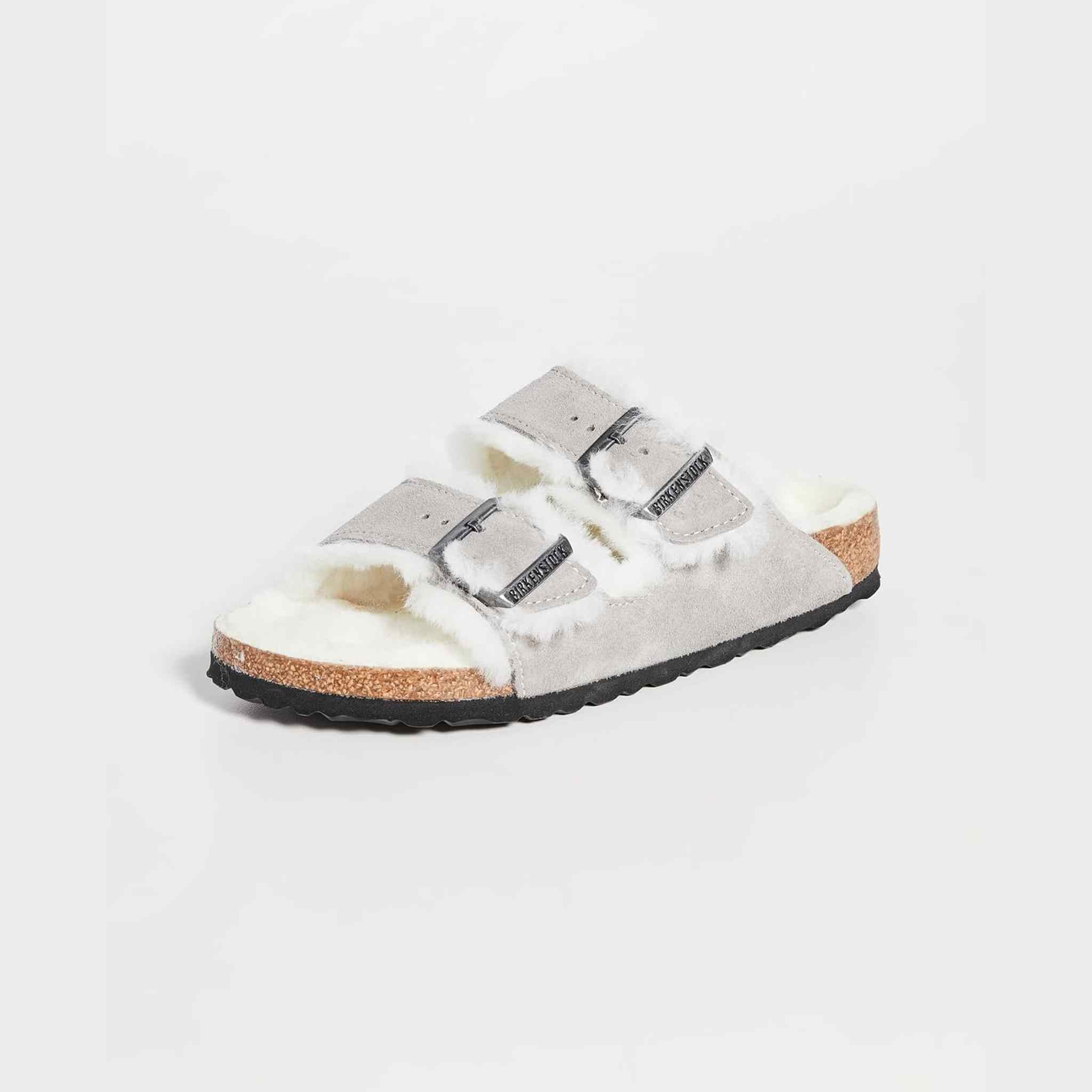 Birkenstock Women's Arizona Shearling Sandals, Stone Coin/Natural, Grey, 6 Narrow US