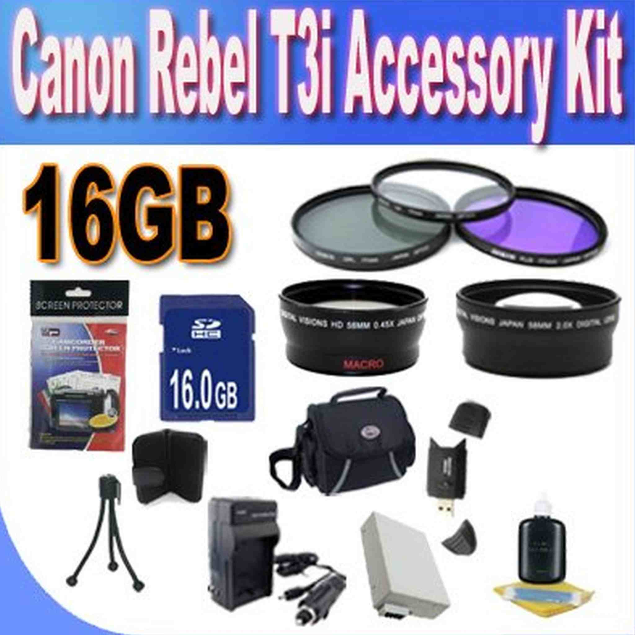 Canon T3I Accessory Saver Kit 58mm Wide Angle Lens + 58mm 2X Telephoto Lens + 58mm 3 Piece Filter Kit + 16GB SDHC Memory + Accessory Saver Bundle!