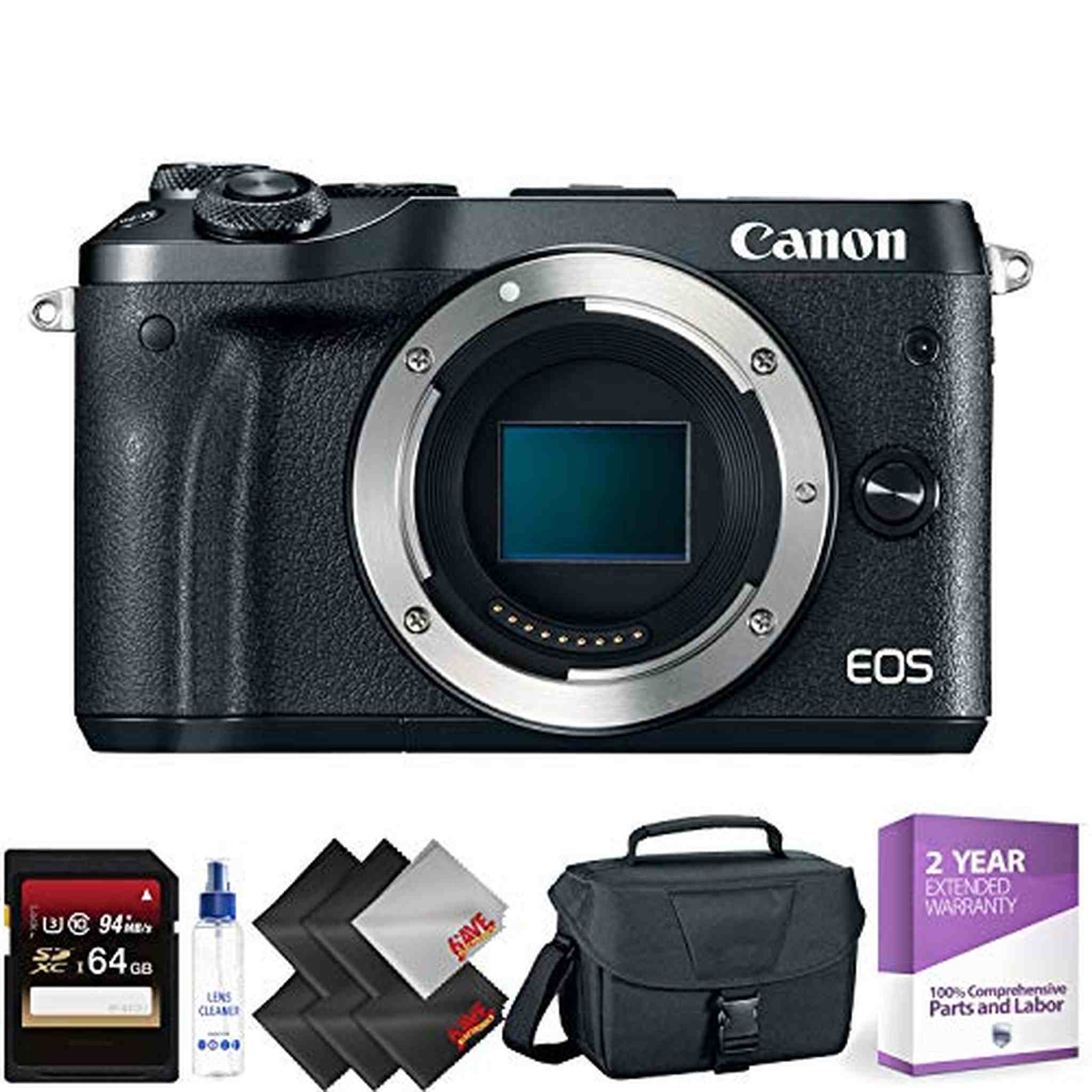 Canon EOS M6 Mirrorless Digital Camera Body Only, Black + 64GB Memory Card + 2 Year Accidental Warranty Canon