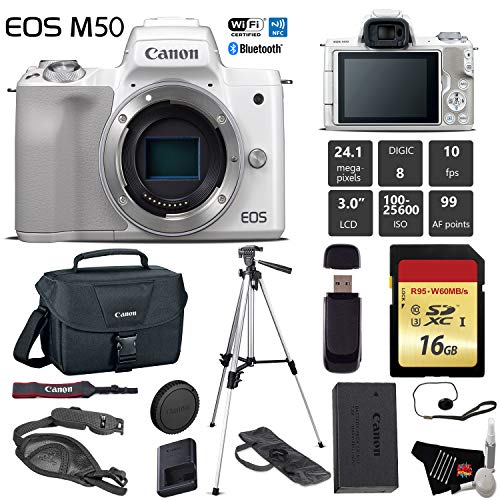Canon EOS M50 Mirrorless Digital Camera White, Body Only + 16GB Class 10 Memory Card + Canon Camera Case + Full Size T