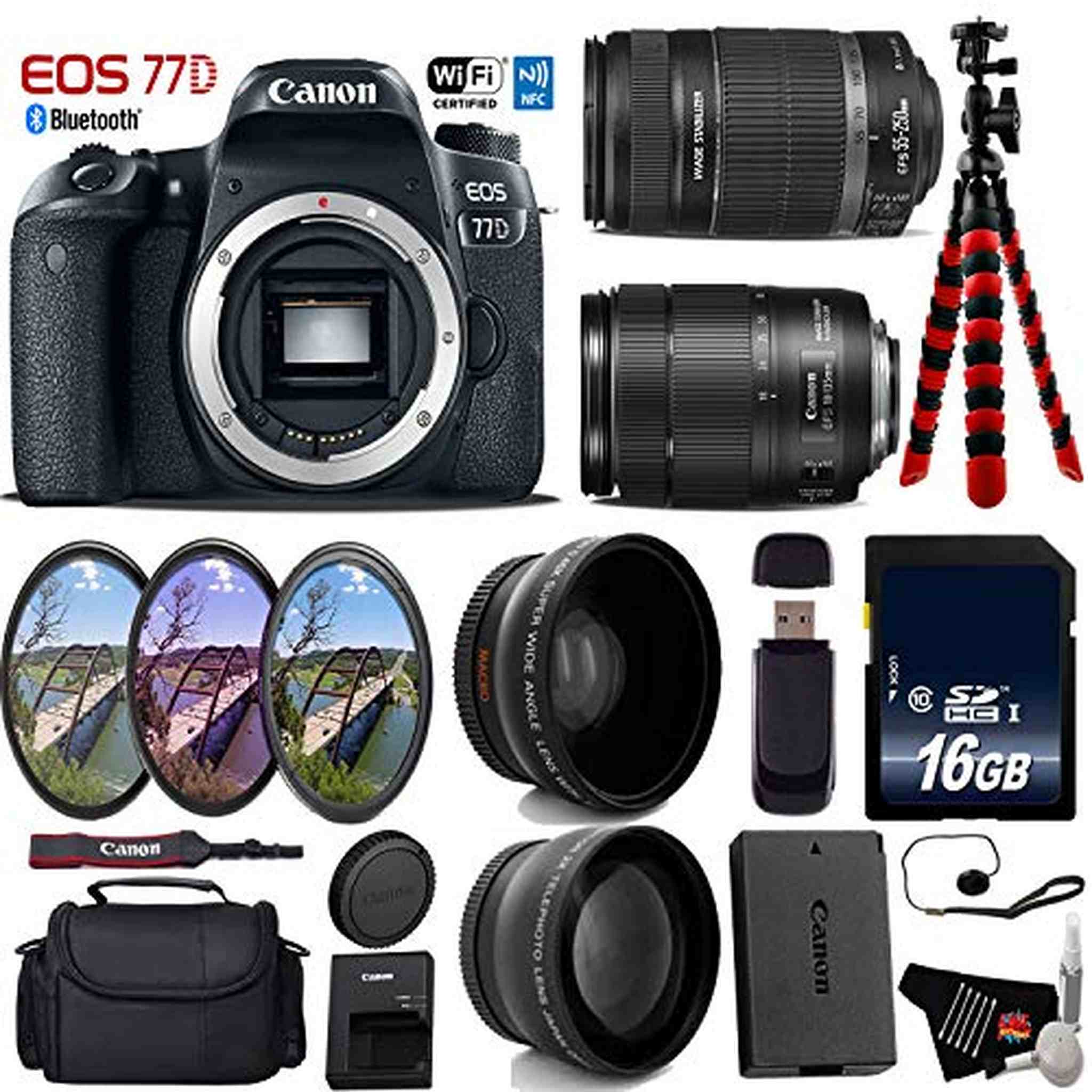 Canon EOS 77D DSLR Camera with 18-135mm is STM Lens & 55-250mm is II Lens + UV FLD CPL Filter Kit + Wide Angle & Telepho Canon