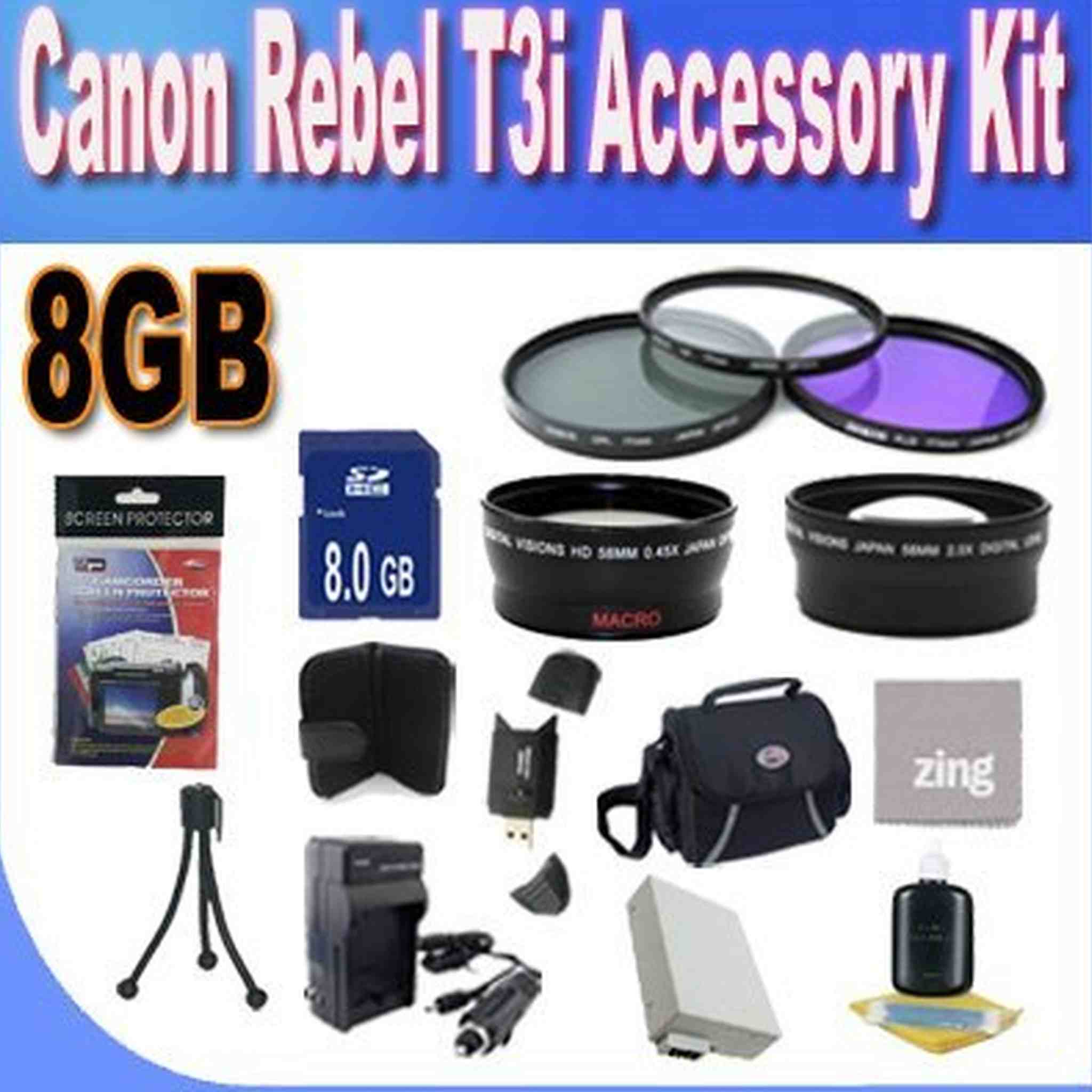 Canon T3I Accessory Saver Kit 58mm Wide Angle Lens + 58mm 2X Telephoto Lens + 58mm 3 Piece Filter Kit + 8GB SDHC Memory + Accessory Saver Bundle!