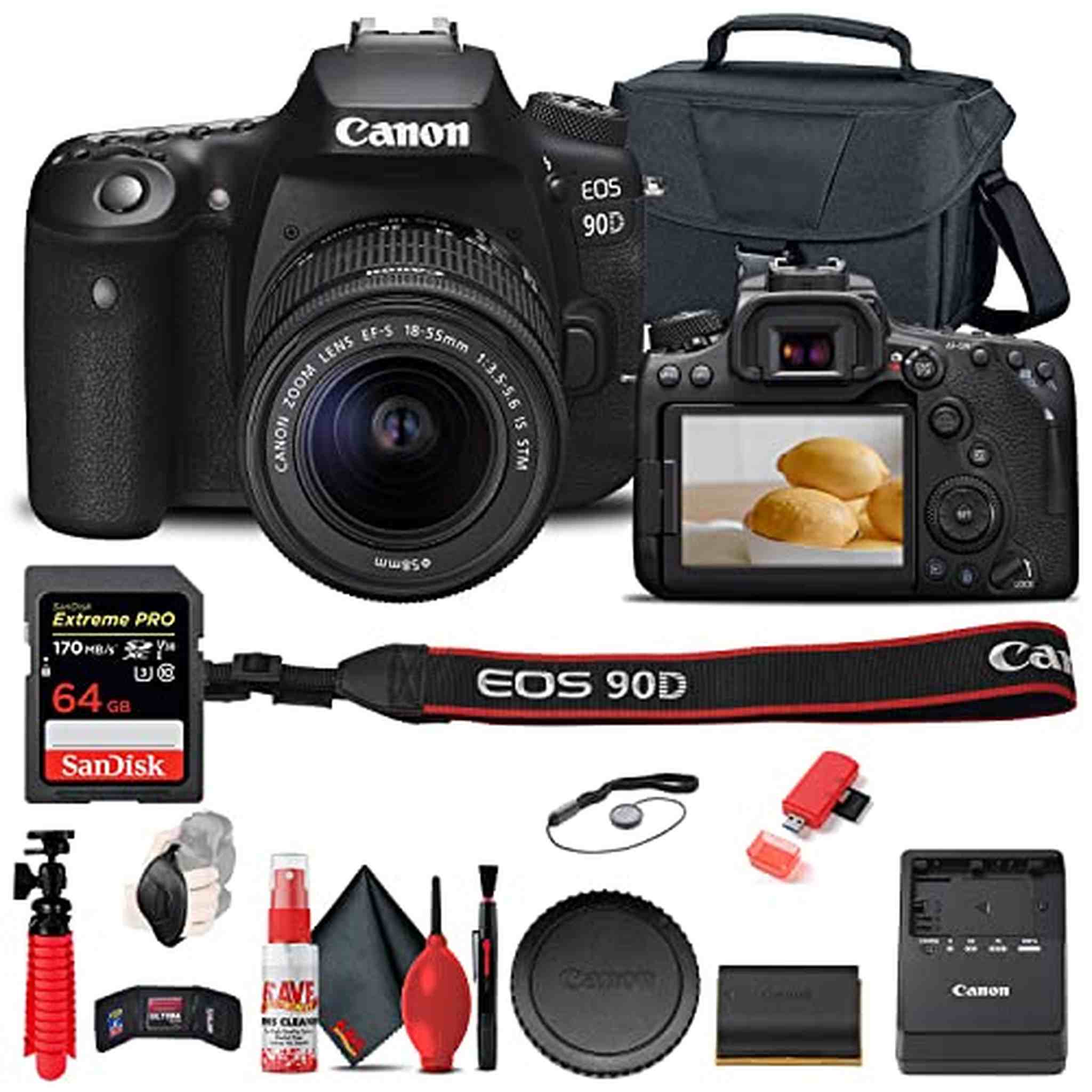 Canon EOS 90D DSLR Camera with 18-55mm Lens 3616C009 + 64GB Memory Card + Case - Reconditioned Canon