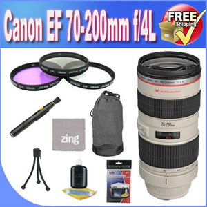 Canon EF 70-200mm f/4L USM Telephoto Zoom Lens + 3 Piece Filter Kit + Lens Case + Zing Microfiber Cleaning Cloth + Lens Pen Cleaner + Lens Accessory Saver Bundle