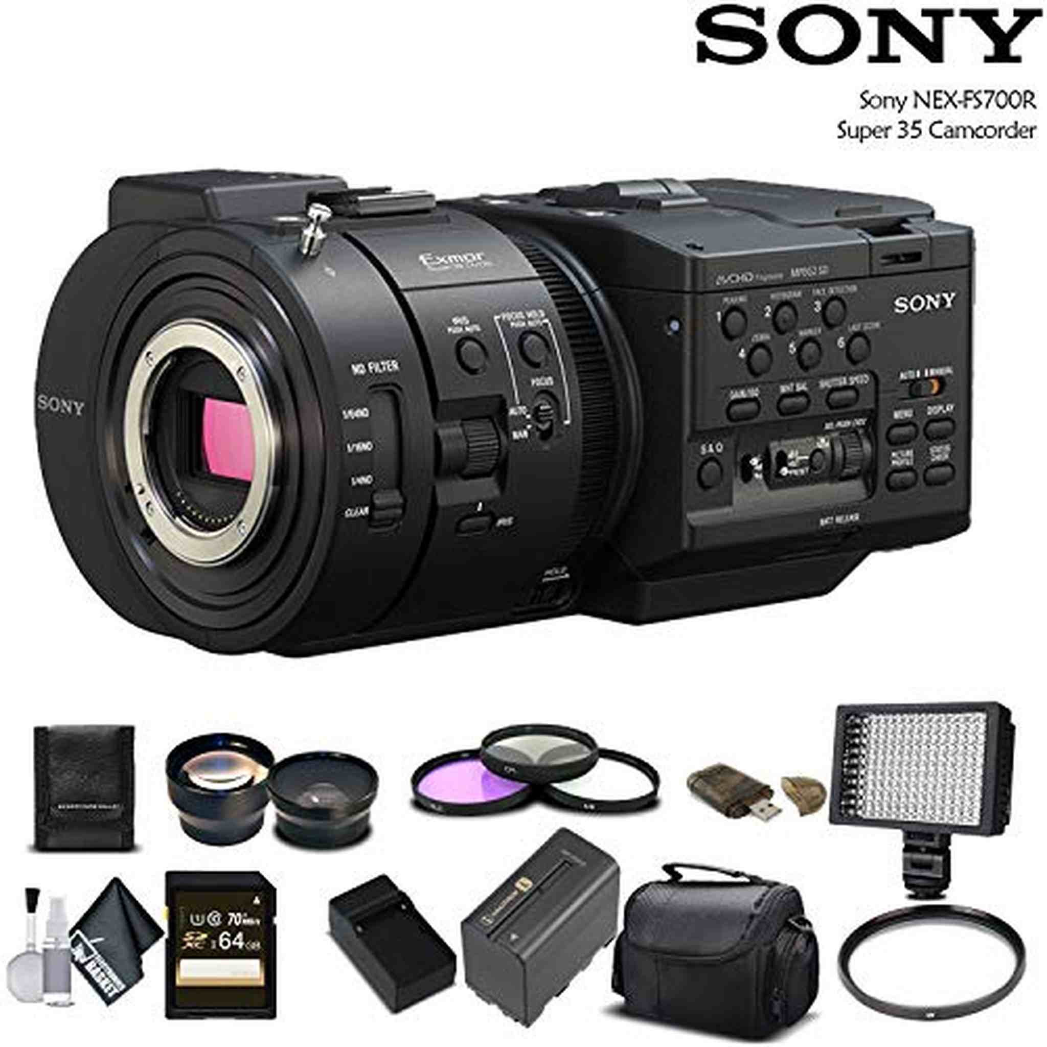 Sony NEX-FS700R Super 35 Camcorder Intl Model With 64GB Memory Card, Extra Battery and Charger, UV Filter, LED Light, Case, Telephoto Lens Bundle