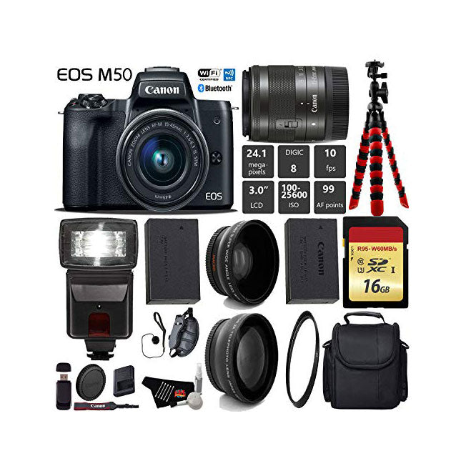 Canon EOS M50 Mirrorless Digital Camera with 15-45mm Lens + Flash + UV FLD CPL Filter Kit + Wide Angle & Telephoto Lens