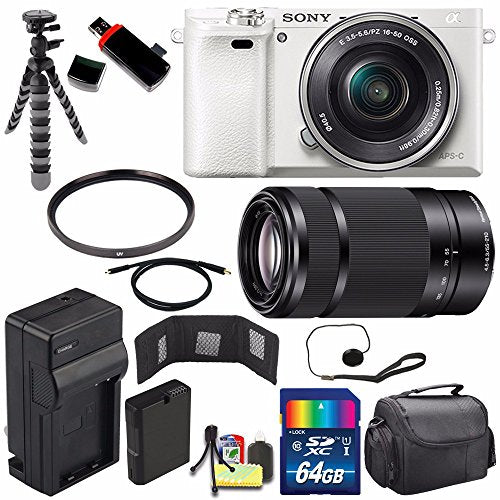 Sony Alpha a6000 Mirrorless Digital Camera with 16-50mm Lens (White) + Sony E 55-210mm f/4.5-6.3 OSS E-Mount Lens 64GB Bundle