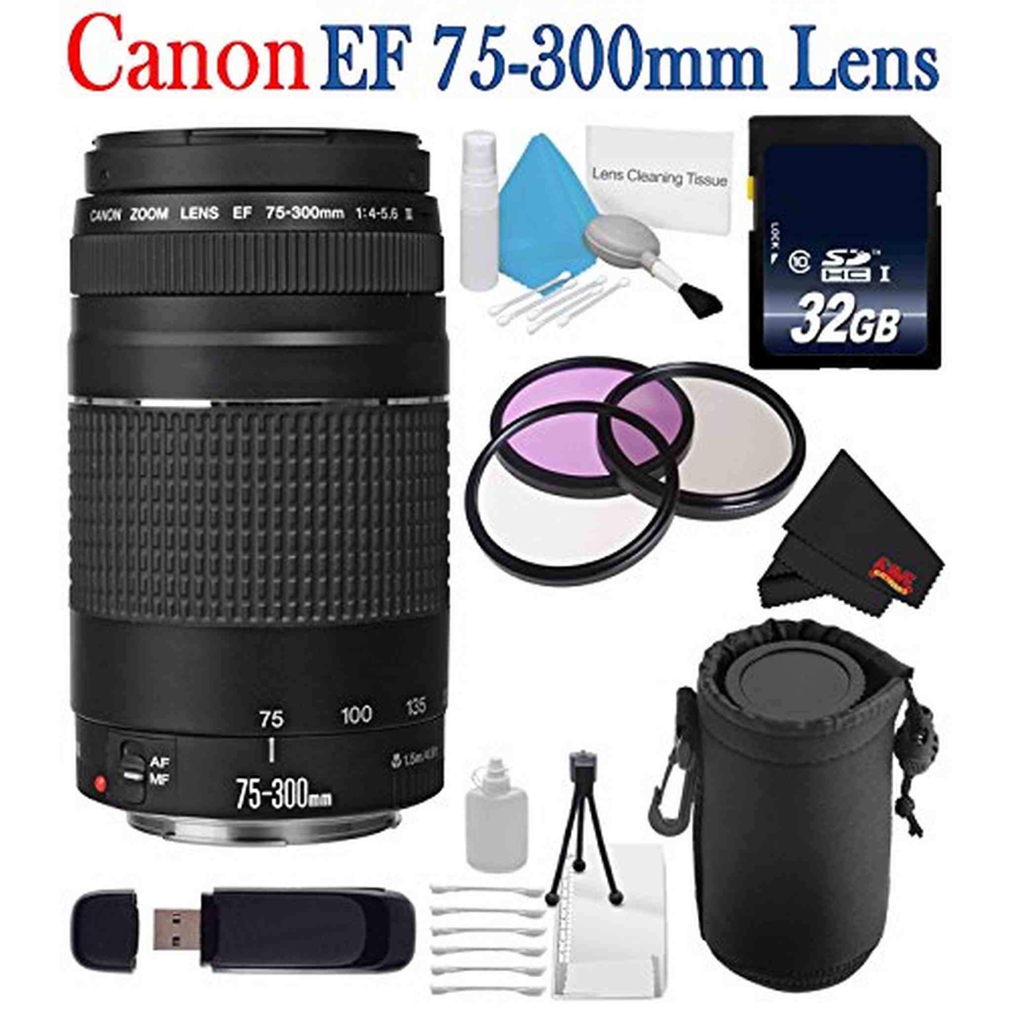 Canon EF 75-300mm f/4-5.6 III Telephoto Zoom Lens 6473A003 + 58mm 3 Piece Filter Kit + SD Card + 32GB SDHC Memory Card Bundle