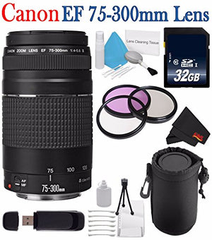 Canon EF 75-300mm f/4-5.6 III Telephoto Zoom Lens 6473A003 + 58mm 3 Piece Filter Kit + SD Card + 32GB SDHC Memory Card Bundle
