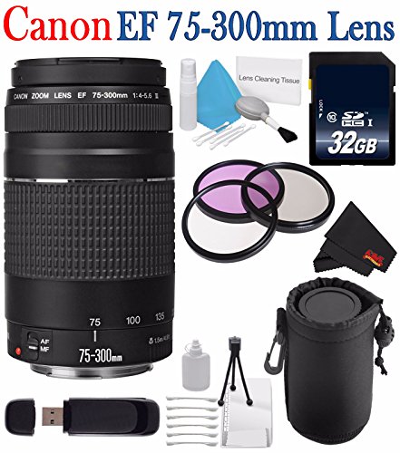 Canon EF 75-300mm f/4-5.6 III Telephoto Zoom Lens 6473A003 + 58mm 3 Piece Filter Kit + SD Card + 32GB SDHC Memory Card Bundle