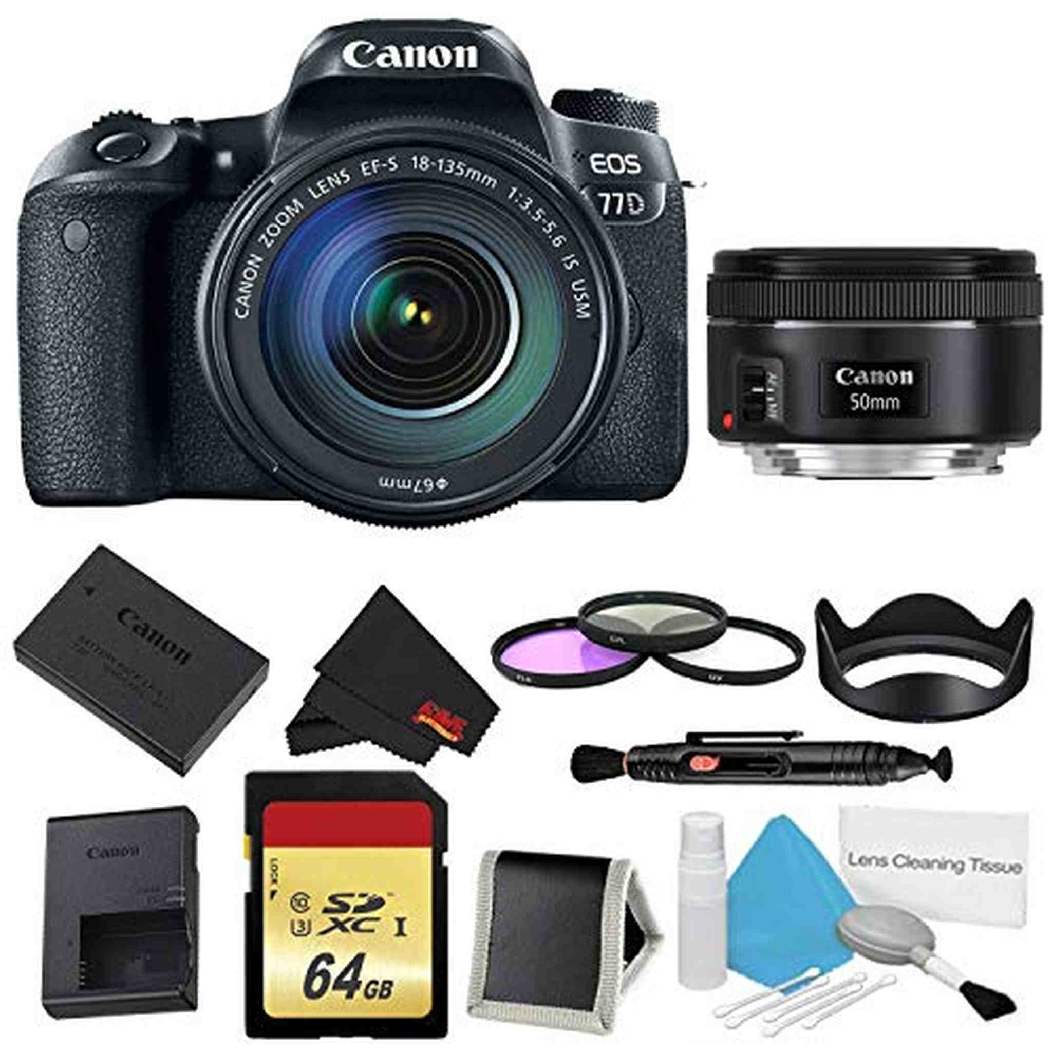 Canon EOS 77D DSLR Camera with 18-135mm Lens Bundle w/ 3 Piece Filter & Memory Kit + Bonus 50mm Lens International Mode Canon