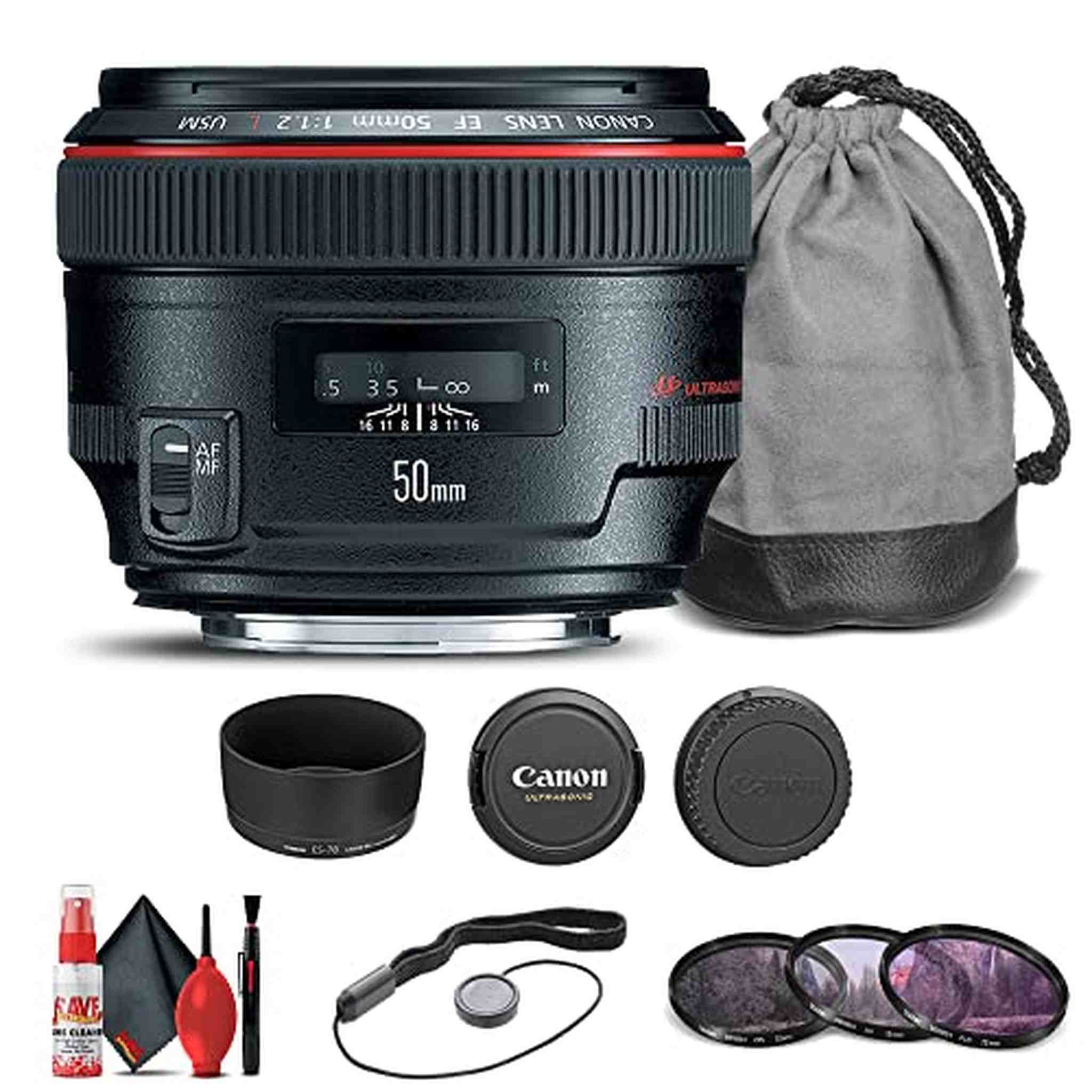 Canon EF 50mm f/1.2L USM Lens 1257B002 + Filter Kit + Cap Keeper + More - Reconditioned Canon