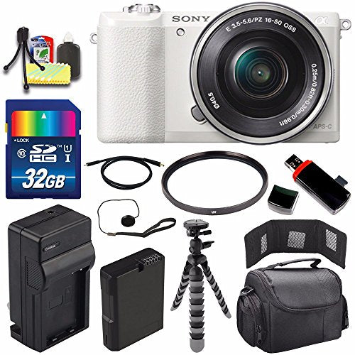 Sony Alpha a5100 Mirrorless Digital Camera with 16-50mm Lens White + Battery + Charger + 32GB Bundle 2 - International