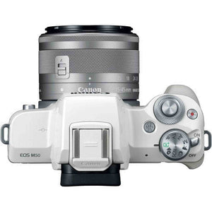 Canon EOS M50 Mirrorless Digital Camera with 15-45mm Lens White Basic Bundle w/ 64GB Memory Card - International Model