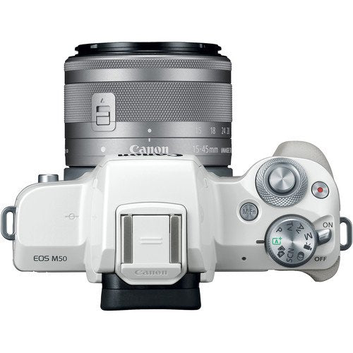 Canon EOS M50 Mirrorless Digital Camera with 15-45mm Lens White Advanced Bundle w/ 64GB Memory Card - International Mo