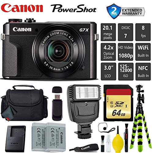 Canon PowerShot G7 X Mark II Point and Shoot Digital Camera + Extra Battery + Digital Flash + Camera Case + 64GB Class 1 Card Professional Bundle