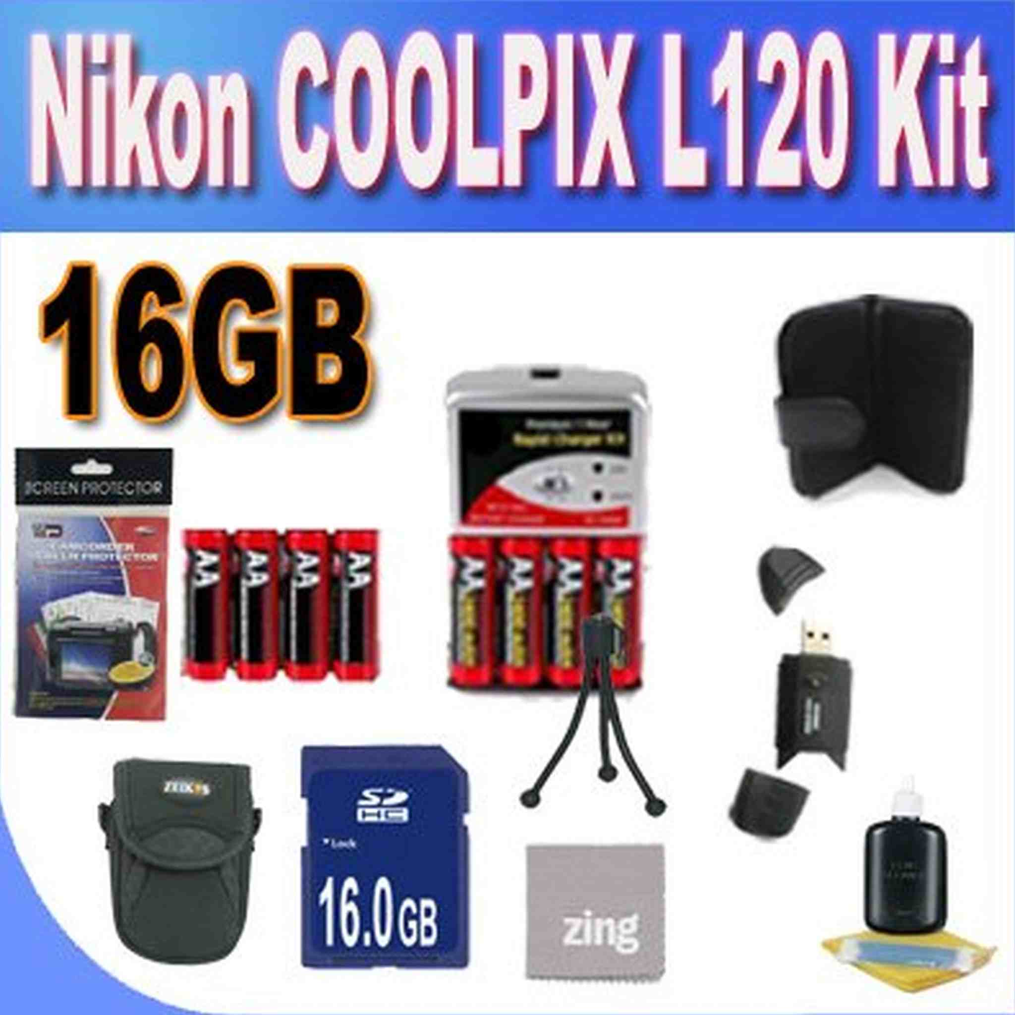 Nikon COOLPIX L120 16GB Accessory Saver Kit 16GB SDHC Memory Card+2 Sets of 4 NIMH Rechargeable AA Batteries+ Rapid Battery Charger + Memory Card Wallet+ Accessory Kit