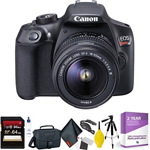 Canon EOS Rebel T6 DSLR Camera with 18-55mm and 75-300mm Lenses Kit + 64GB Memory Card + Mega Accessory Kit + 1 Year Warranty Bundle