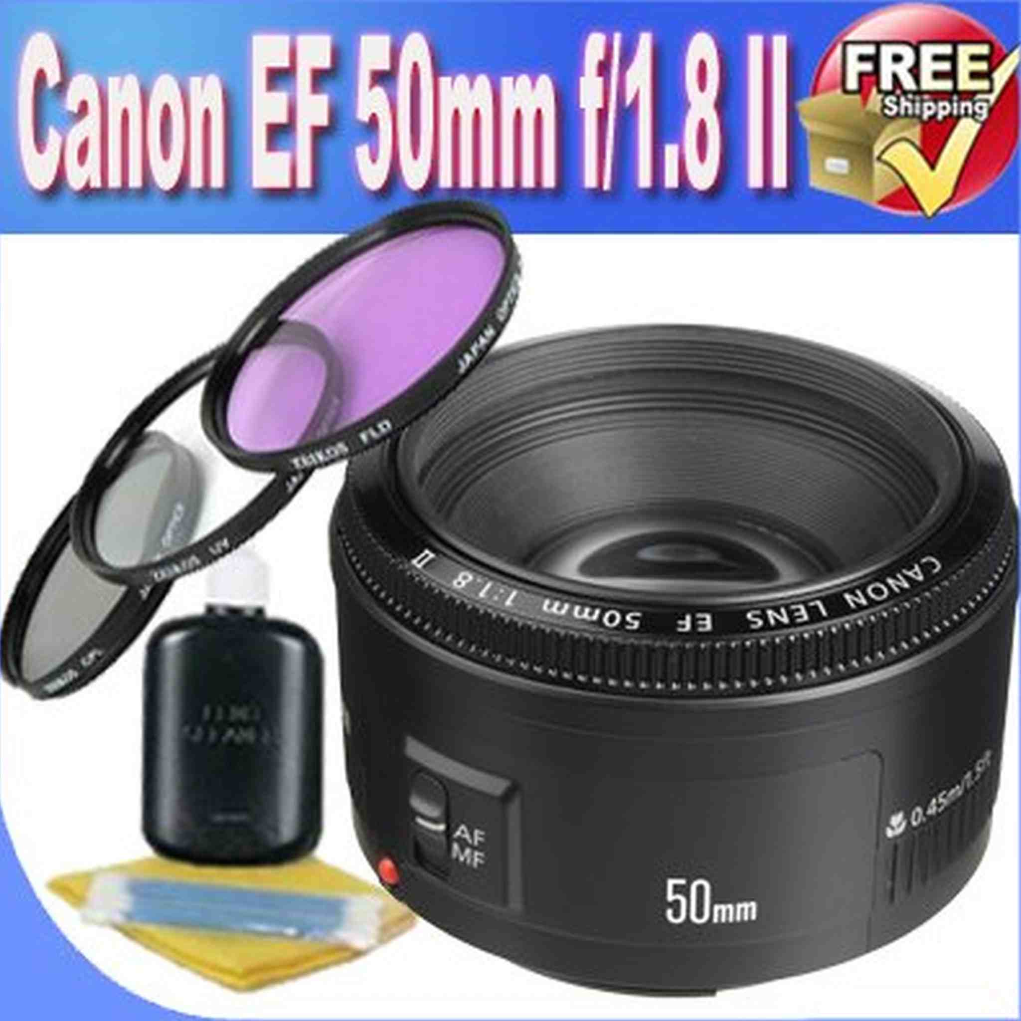 Canon EF 50mm f/1.8 II Camera Lens + 52mm 3 Piece Professional Filter Kit + Lens & Camera Cleaning Kit Bundle
