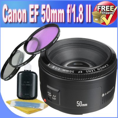 Canon EF 50mm f/1.8 II Camera Lens + 52mm 3 Piece Professional Filter Kit + Lens & Camera Cleaning Kit Bundle