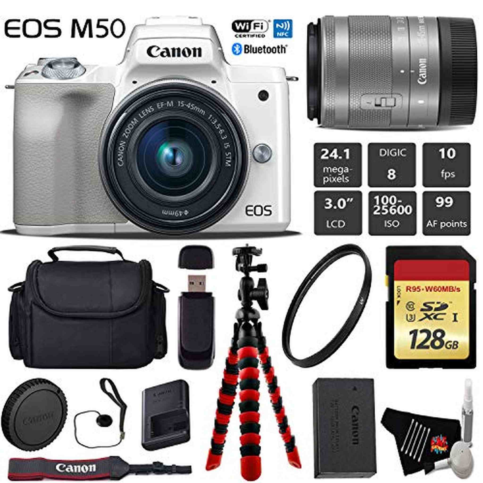 Canon EOS M50 Mirrorless Digital Camera White with 15-45mm Lens + Flexible Tripod + UV Protection Filter + Professiona
