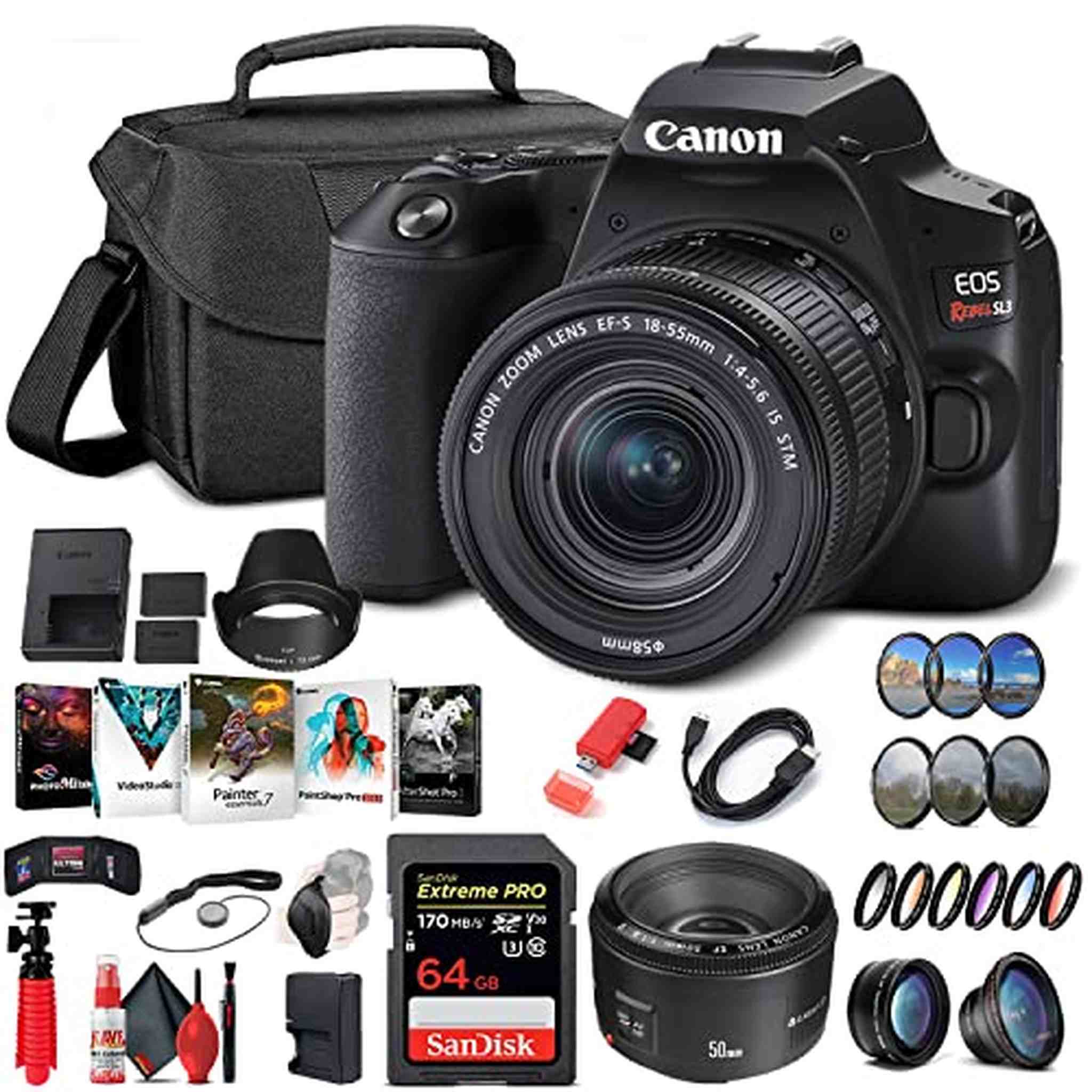 Canon EOS Rebel SL3 DSLR Camera with 18-55mm Lens Black 3453C002 On the Go Bundle Canon
