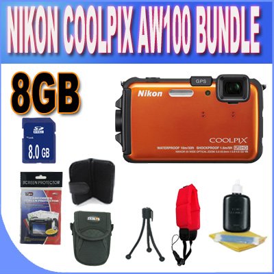 Nikon COOLPIX AW100 16 MP CMOS Waterproof Digital Camera with GPS and Full HD 1080p Video Orange + 8GB SDHC Memory + Floating Strap + Shock Proof Deluxe Case w/Strap + Cleaning Kit + Accessory Saver