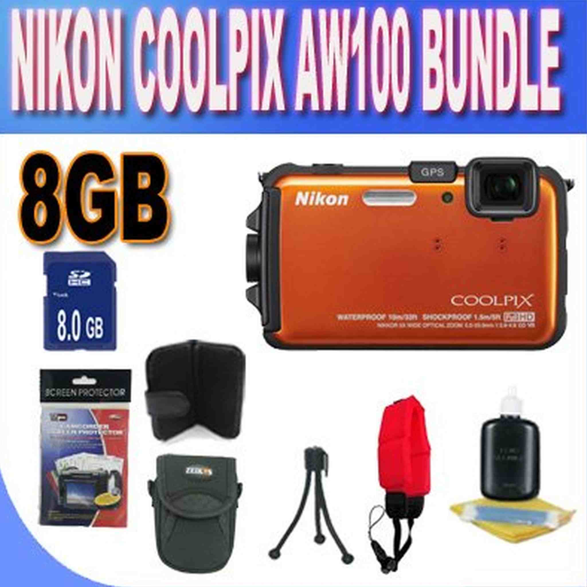 Nikon COOLPIX AW100 16 MP CMOS Waterproof Digital Camera with GPS and Full HD 1080p Video Orange + 8GB SDHC Memory + Floating Strap + Shock Proof Deluxe Case w/Strap + Cleaning Kit + Accessory Saver