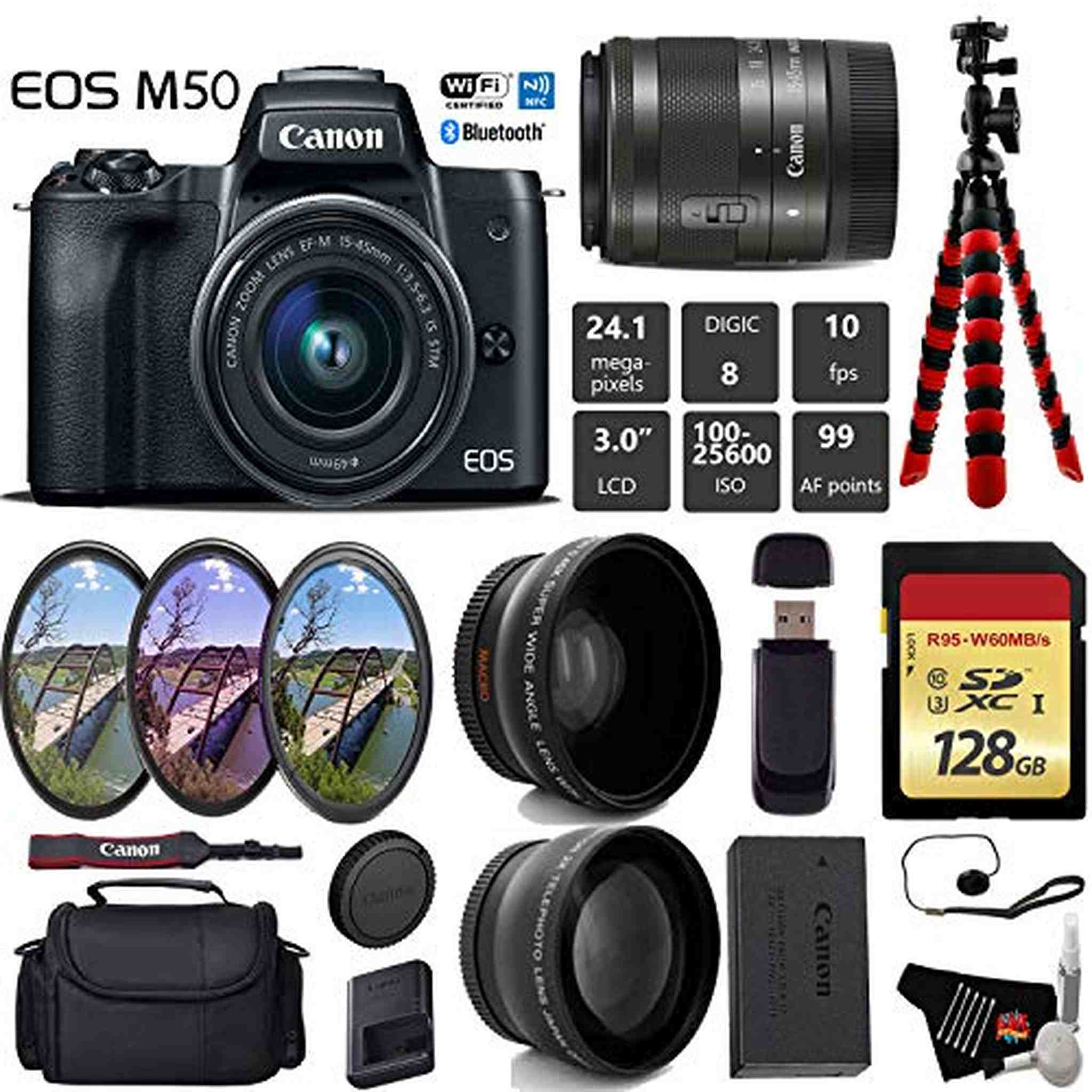 Canon EOS M50 Mirrorless Digital Camera with 15-45mm Lens + UV FLD CPL Filter Kit + Wide Angle & Telephoto Lens + Camera Canon