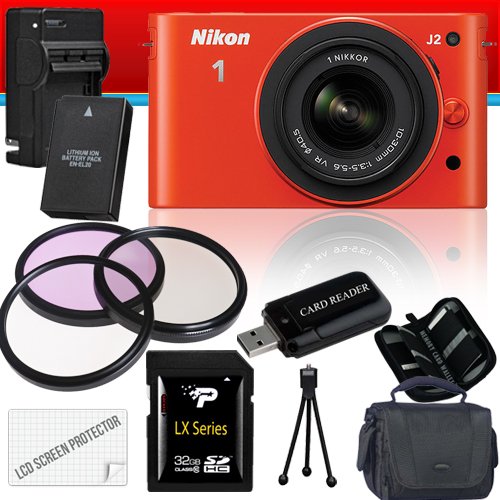 Nikon 1 J2 Mirrorless Digital Camera with 10-30mm VR Zoom Lens (Orange) 32GB Package