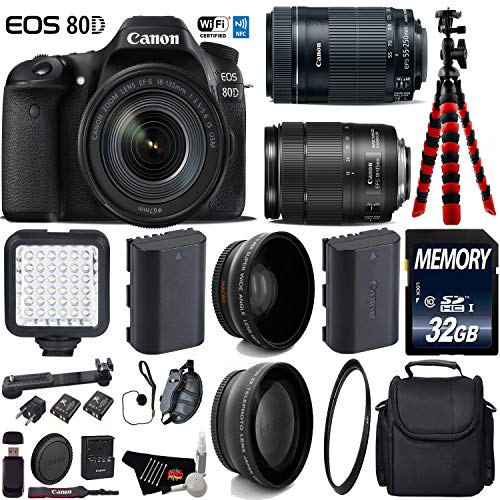 Canon EOS 80D DSLR Camera with 18-135mm STM Lens & 55-250mm is STM Lens + LED + UV FLD CPL Filter Kit Deluxe Bundle