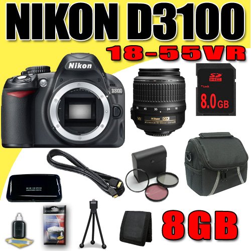 Nikon D3100 14.2MP Digital SLR Camera with 18-55mm f/3.5-5.6 AF-S DX VR Nikkor Zoom Lens Filter 8GB DavisMAX HD Bundle