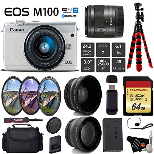 Canon EOS M100 Mirrorless Digital Camera White with 15-45mm Lens On the go Bundle