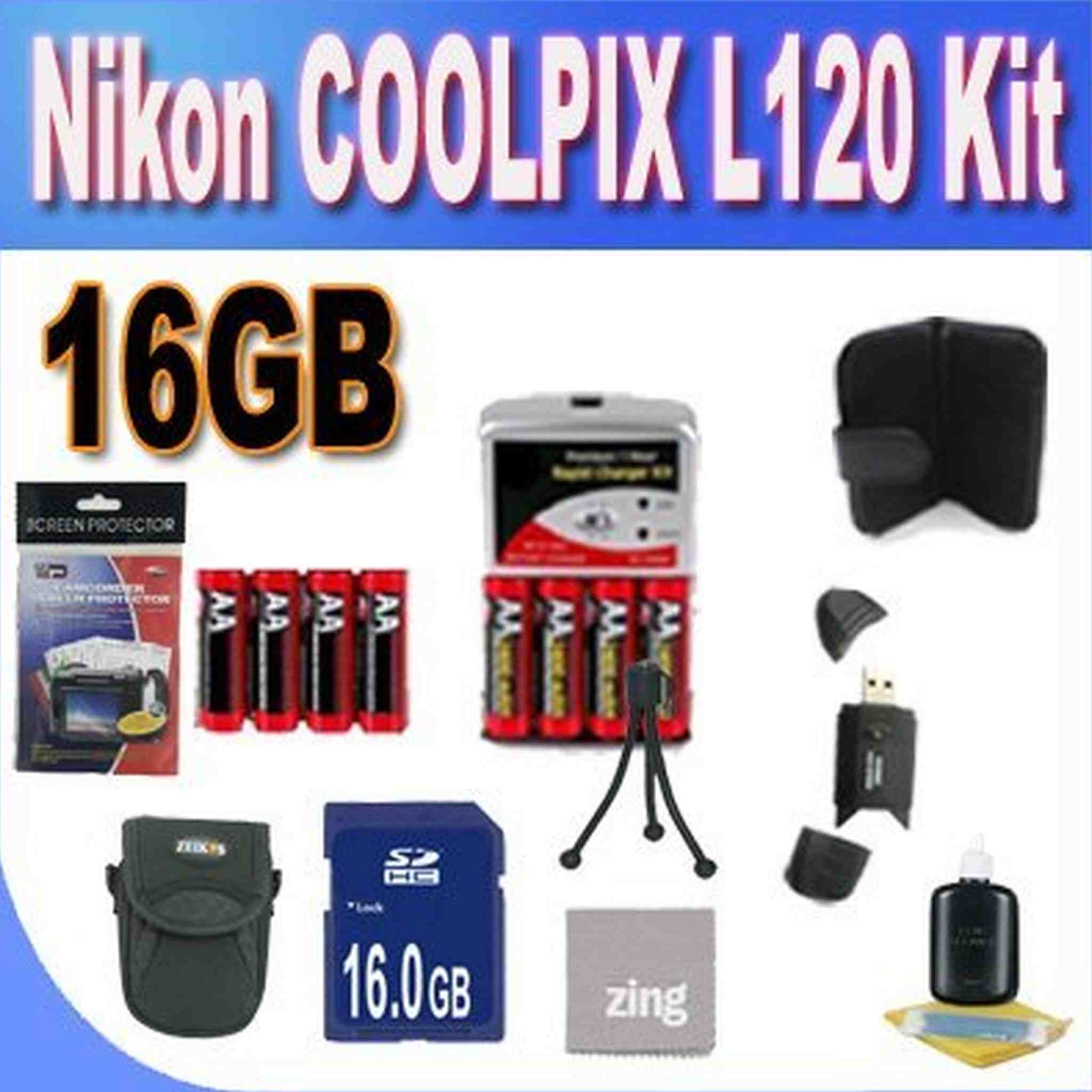Nikon COOLPIX L120 16GB Accessory Saver Kit 16GB SDHC Memory Card+2 Sets of 4 NIMH Rechargeable AA Batteries+ Rapid Battery Charger + Memory Card Wallet+ Accessory Kit