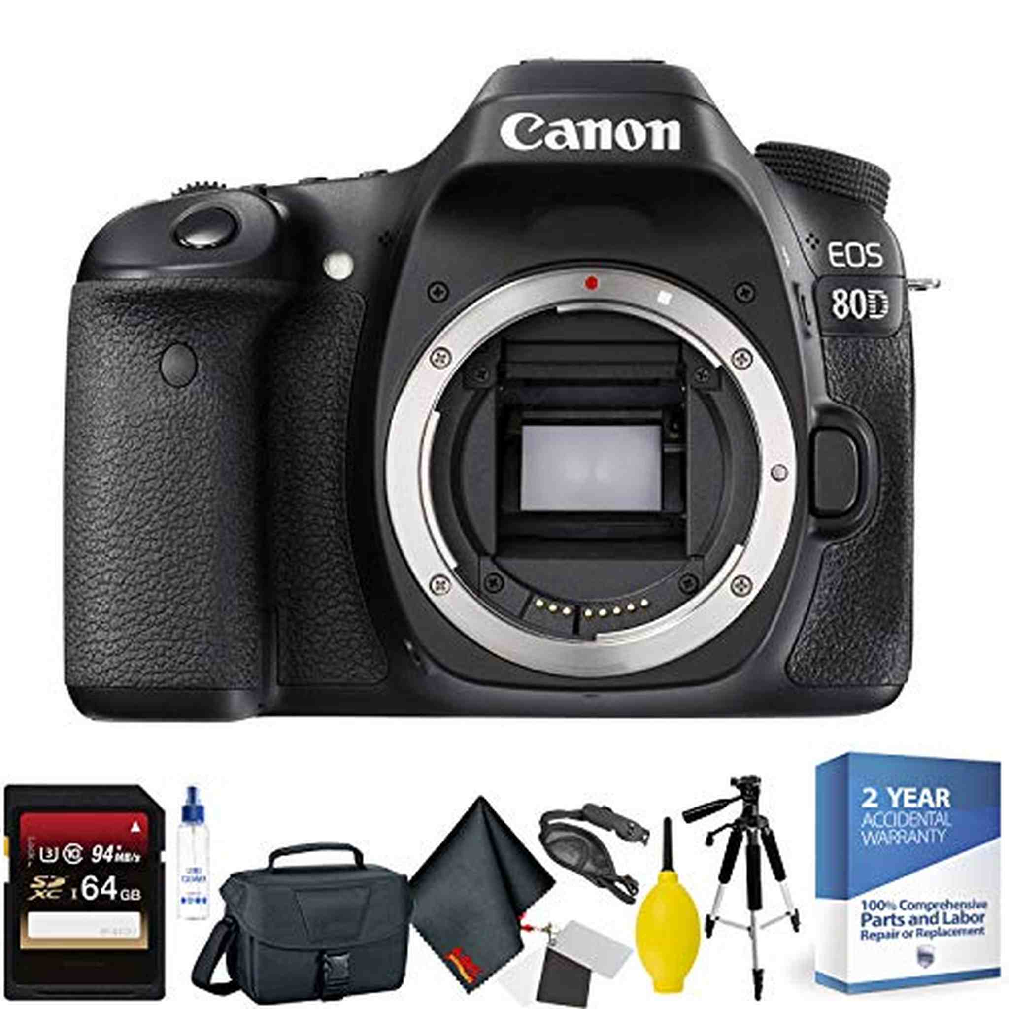 Canon EOS 80D DSLR Camera Body Only + 64GB Memory Card + Mega Accessory Kit + 2 Year Accidental Warranty Canon