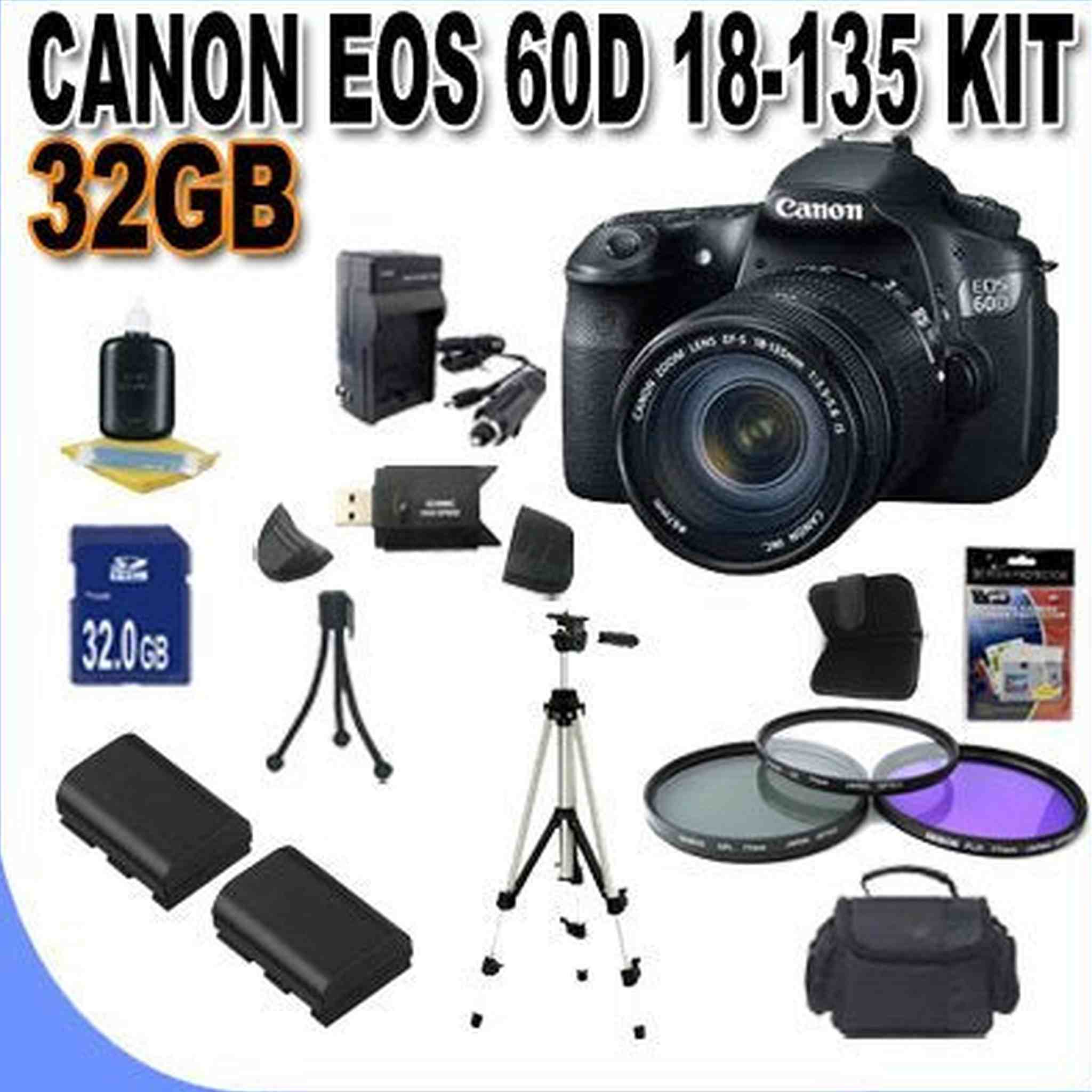 Canon EOS 60D 18 MP CMOS Digital SLR Camera with 3.0-Inch LCD and 18-135mm f/3.5-5.6 IS UD Standard Zoom Lens W/32GB SDHC Memory +2 Extra Extended Life Batteries + 3 Piece Filter Kit + SDHC USB Card R International Model