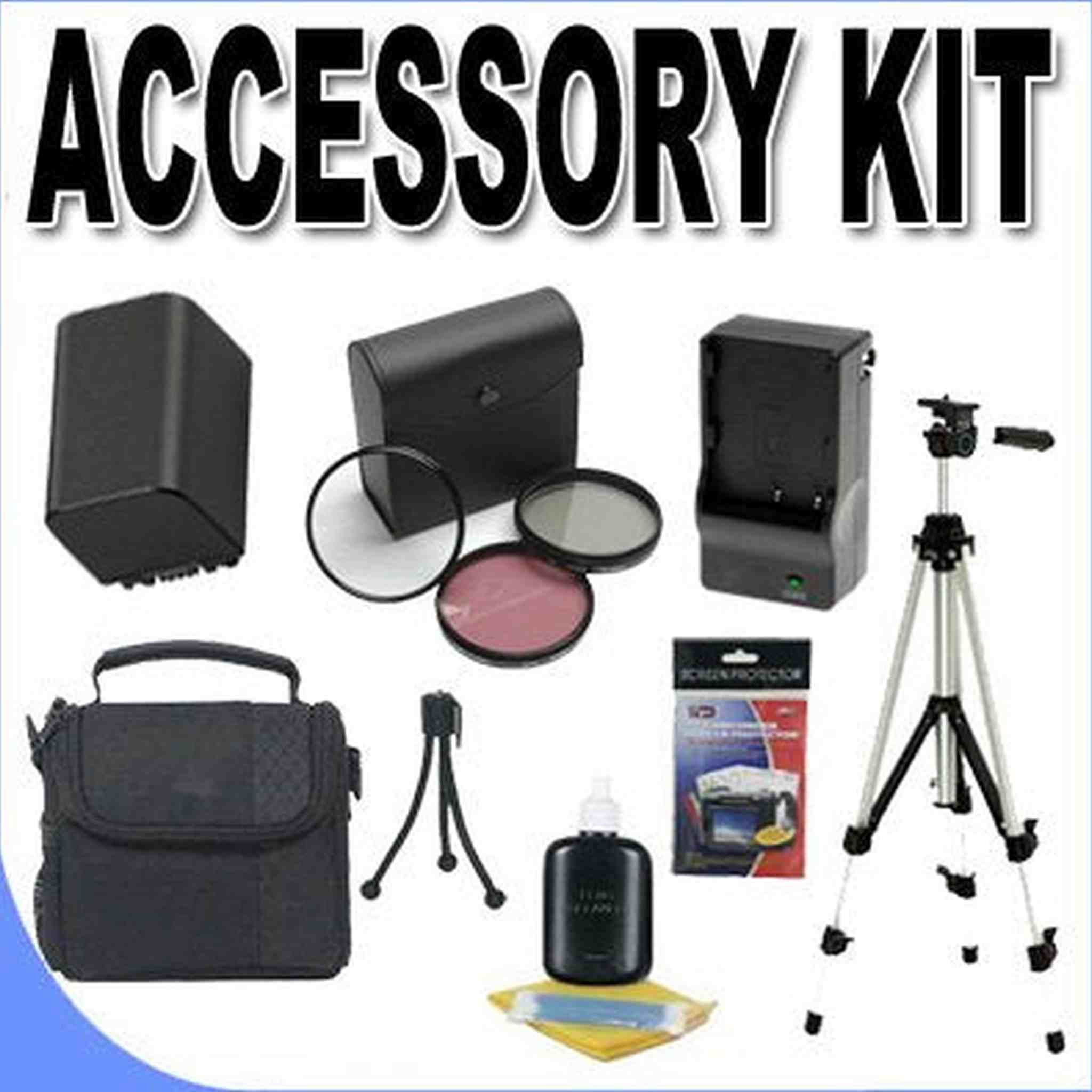 FH100 Lithium Ion Replacement Battery/Charger Case Tripod BigVALUEInc Accessory Saver 30mm Filter Kit Bundle f/Sony Camcorders