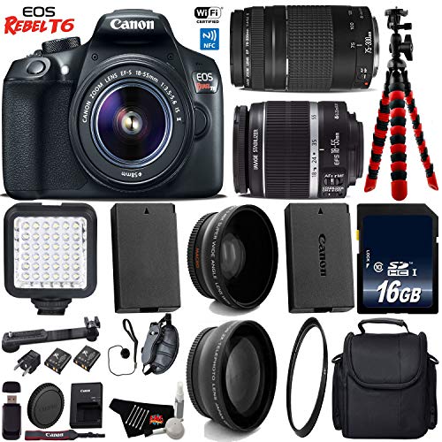 Canon EOS Rebel T6 DSLR Camera 18-55mm is II Lens & 75-300mm III Lens + LED + UV FLD CPL Filter Kit Base Bundle