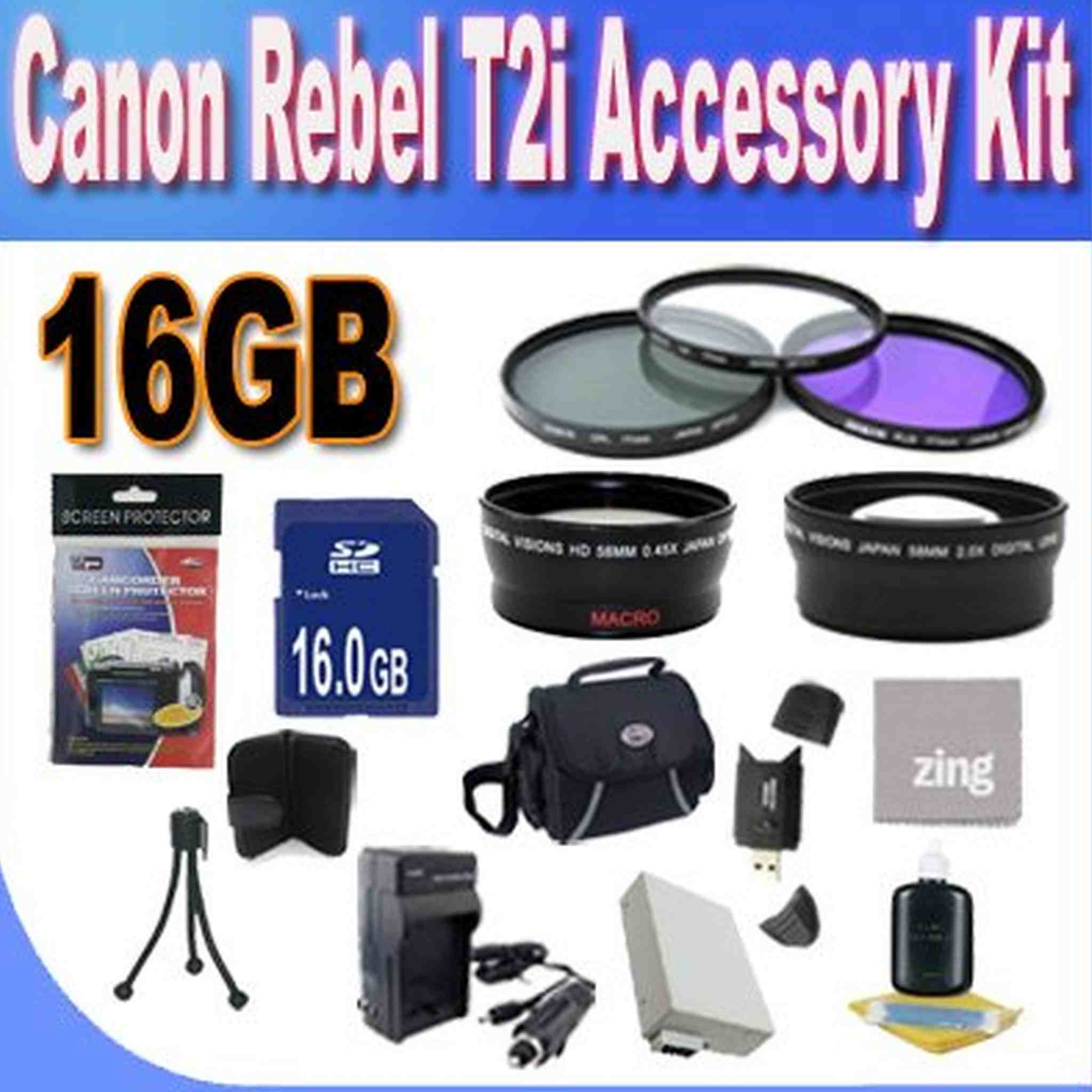 Canon T2I Accessory Saver Kit 58mm Wide Angle Lens + 58mm 2X Telephoto Lens + 58mm 3 Piece Filter Kit + 16GB SDHC Memory + Accessory Saver Bundle!