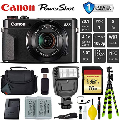 Canon PowerShot G7 X Mark II Point and Shoot Digital Camera + Extra Battery + Digital Flash + Camera Case + 16GB Class 1 Card Base Bundle