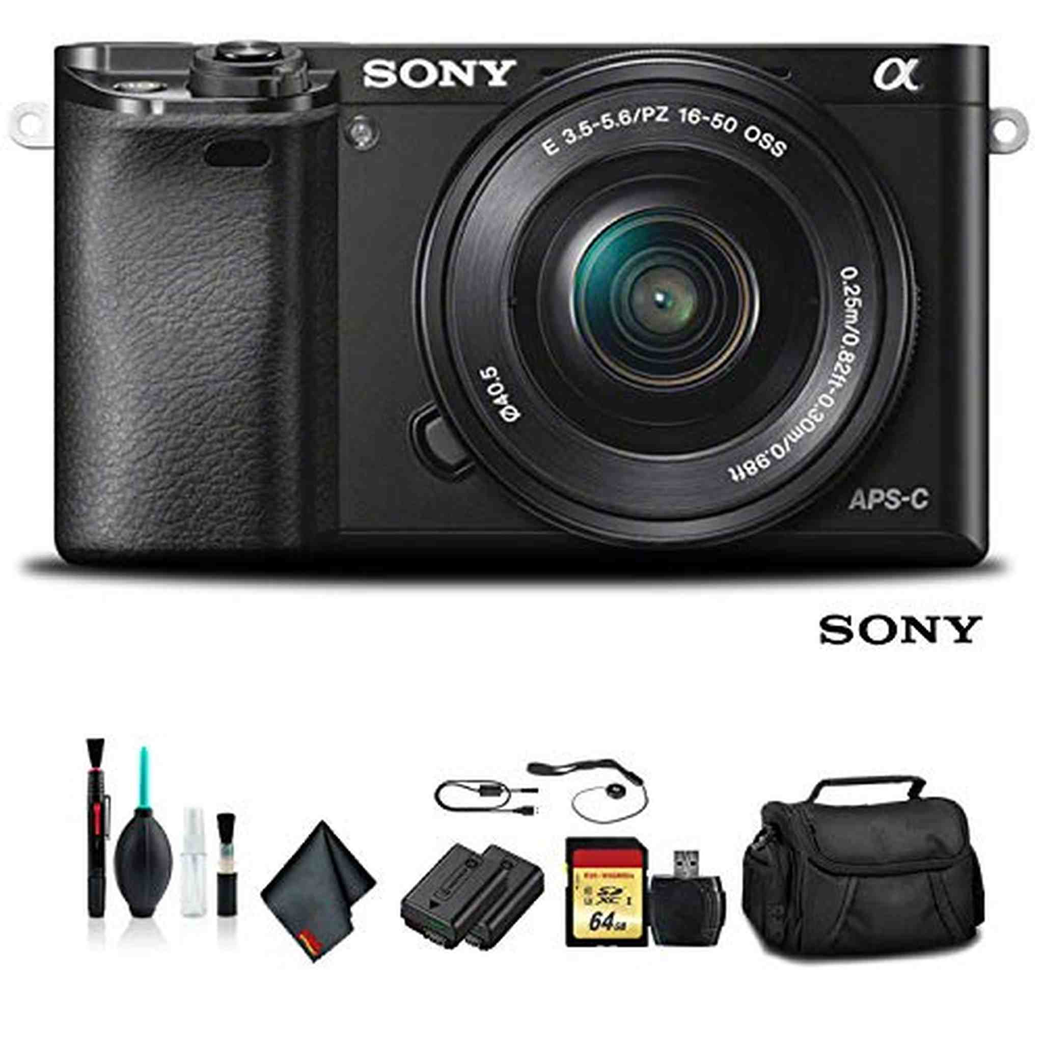 Sony Alpha a6000 Mirrorless Camera with 16-50mm Lens Black with Soft Bag, Tripod, Additional Battery, 64GB Memory Card, - Used Sony