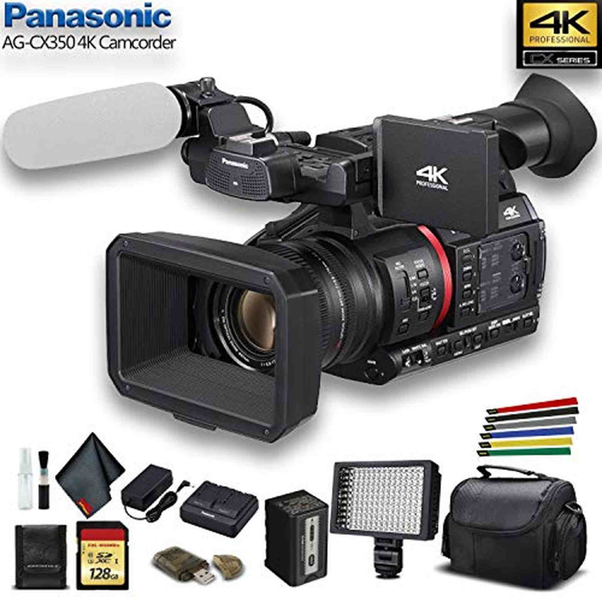 Panasonic AG-CX350 4K Camcorder AG-CX350 W/Padded Case, 128 GB Memory Card, Wire Straps, LED Light, and More - Reconditioned Panasonic
